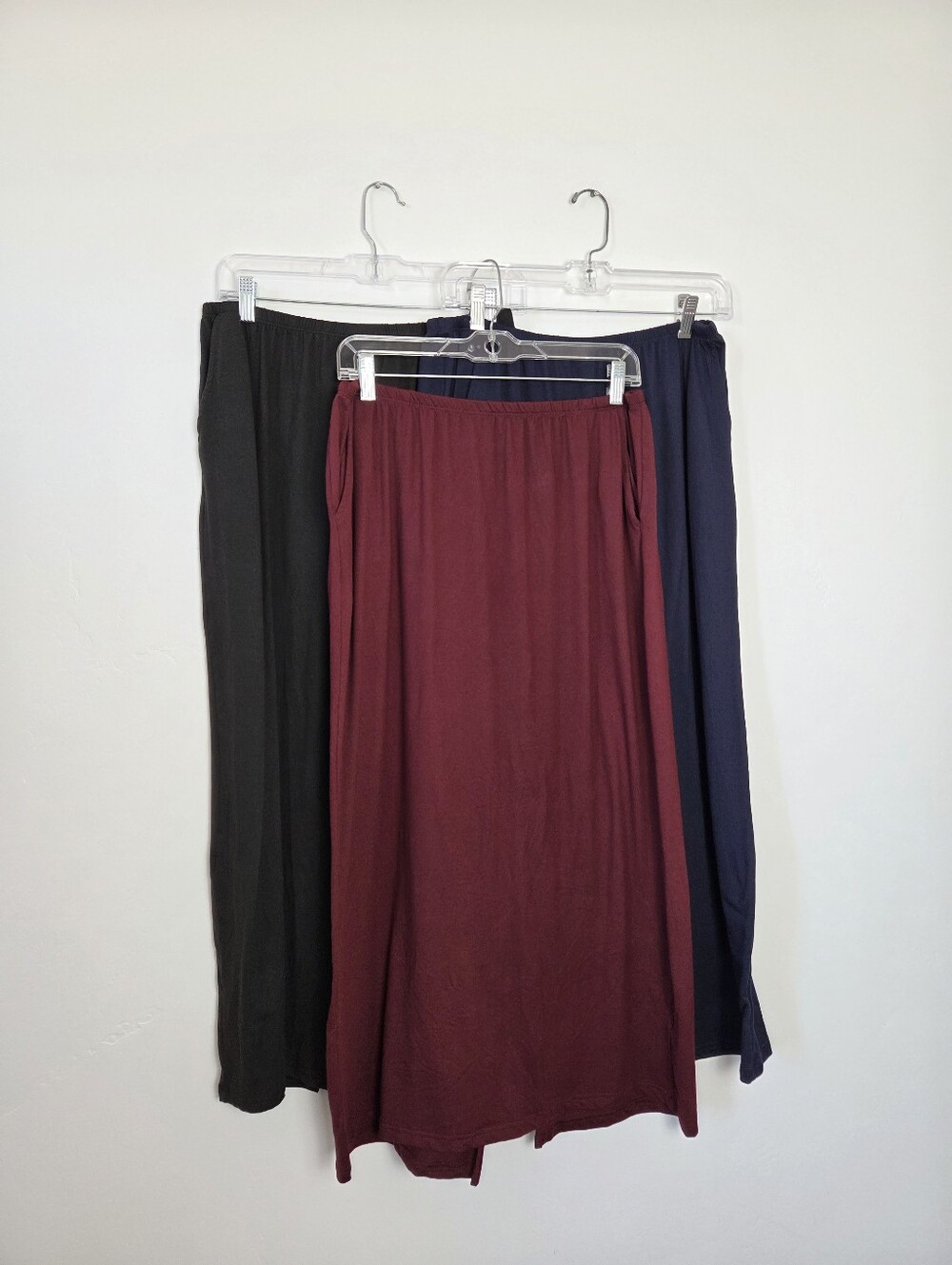 Bundle Of 3 Maxi Skirts Soft Stretch Jersey Knit Black Blue Maroon Pockets Large